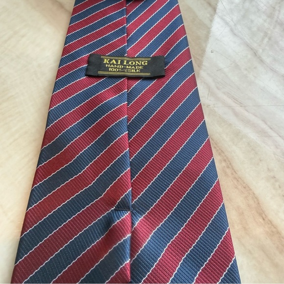 Kai Long Burgundy and Navy Striped Silk Tie - Picture 4 of 7